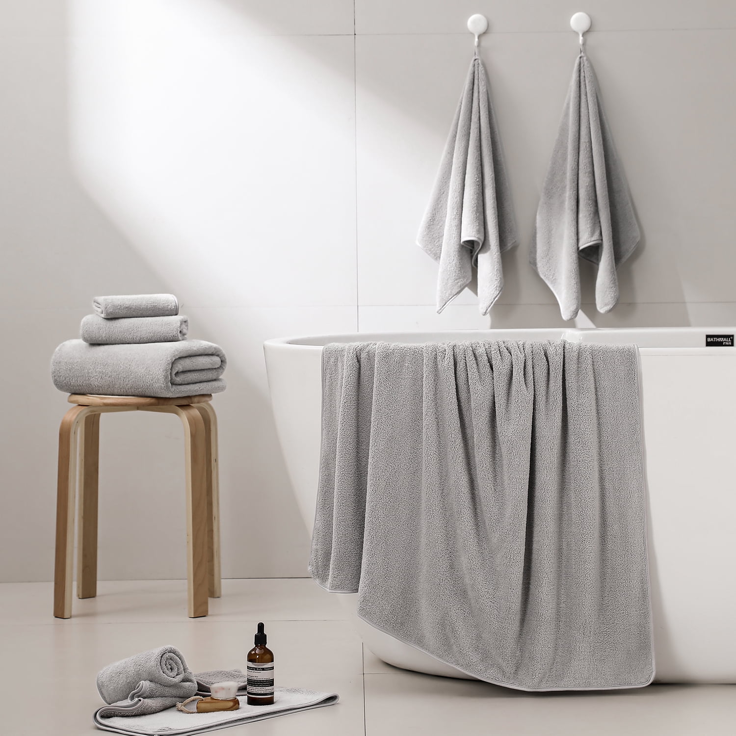 Green Essen 8 Pieces Bath Towel Set Bath Sheet 700 GSM Oversized Thick Bath Shower Towels 35"x 70"-Absorbent-Quick Dry-Multi-Purpose-Assorted Hotel Large Microfiber Bathroom Towels Light Grey