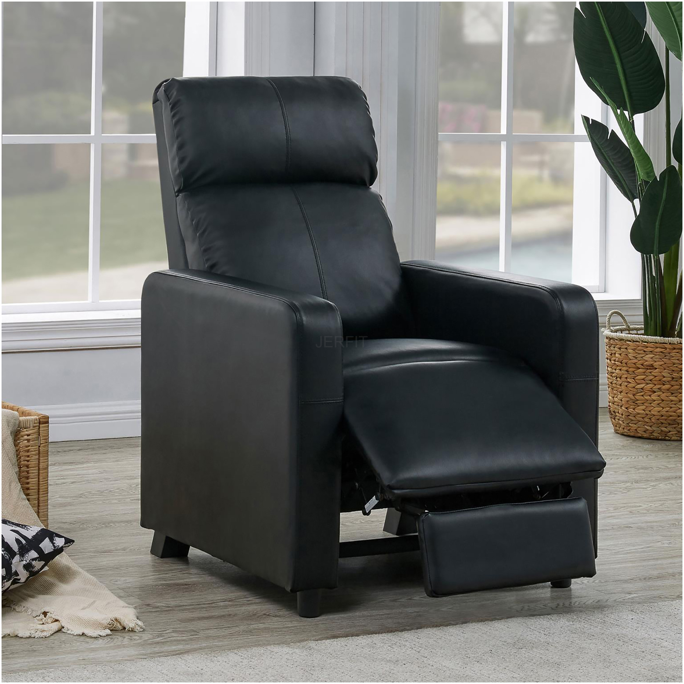JERFIT Modern Push Back Recliner Chair - Black Faux Leather Upholstered Manual Reclining Chair for Living Room, Home Theater
