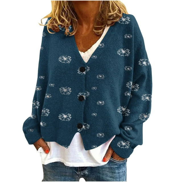 WRKEKC Botanical Print French Wool Plush Jacket Button Front Fall Winter Soft Coat with Pockets for Coffee Run and Weekend Style Navy M