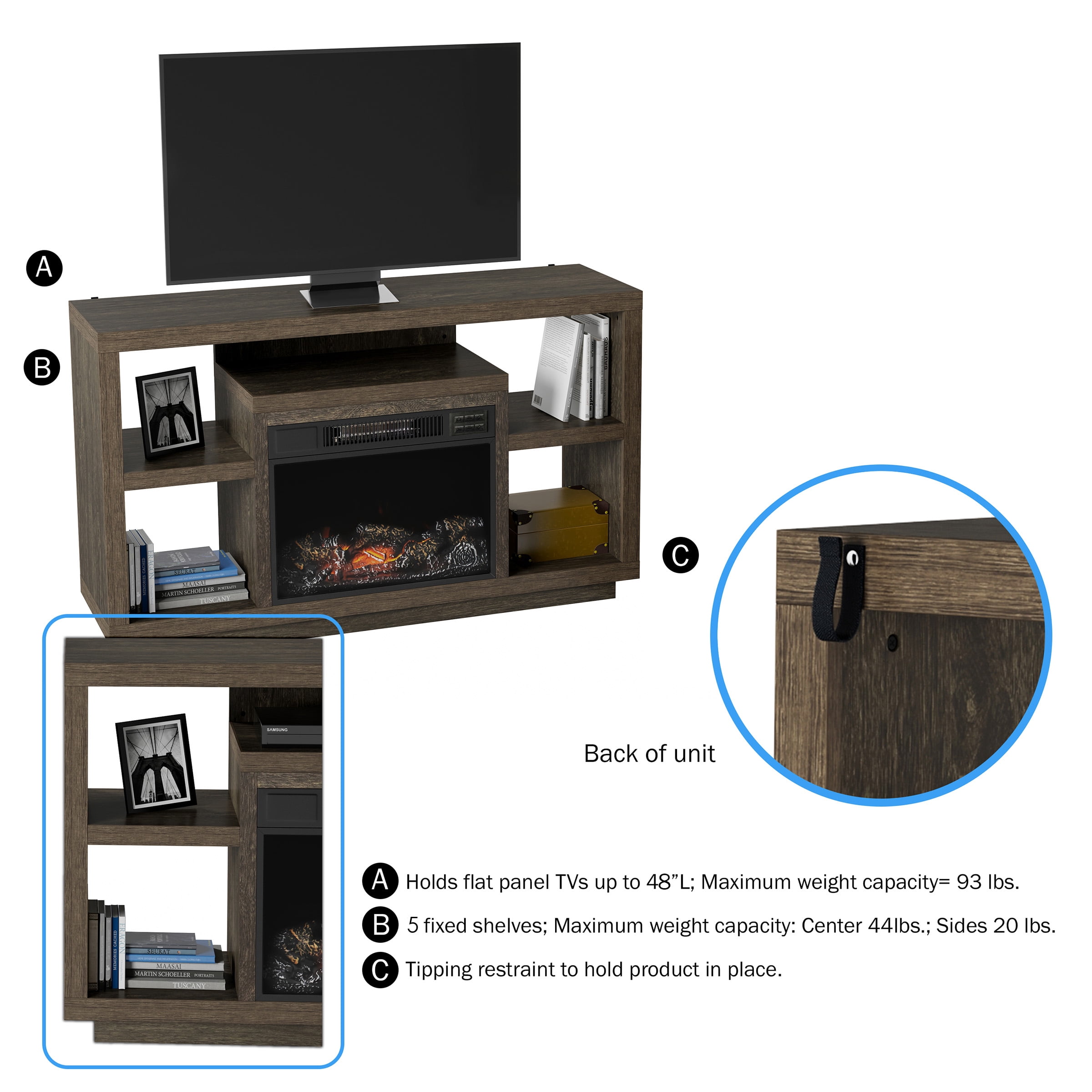 Electric Fireplace TV Stand- For TVs up to 48" Console, Media Shelves, Remote Control, LED Flames by Northwest