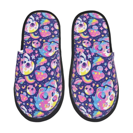 Balery Skull colorful mushroom Slient Indoor Furry Fleece Comfort House Shoes Soft Non-Slip Home Shoes Cotton slippers House Slippers-- Medium