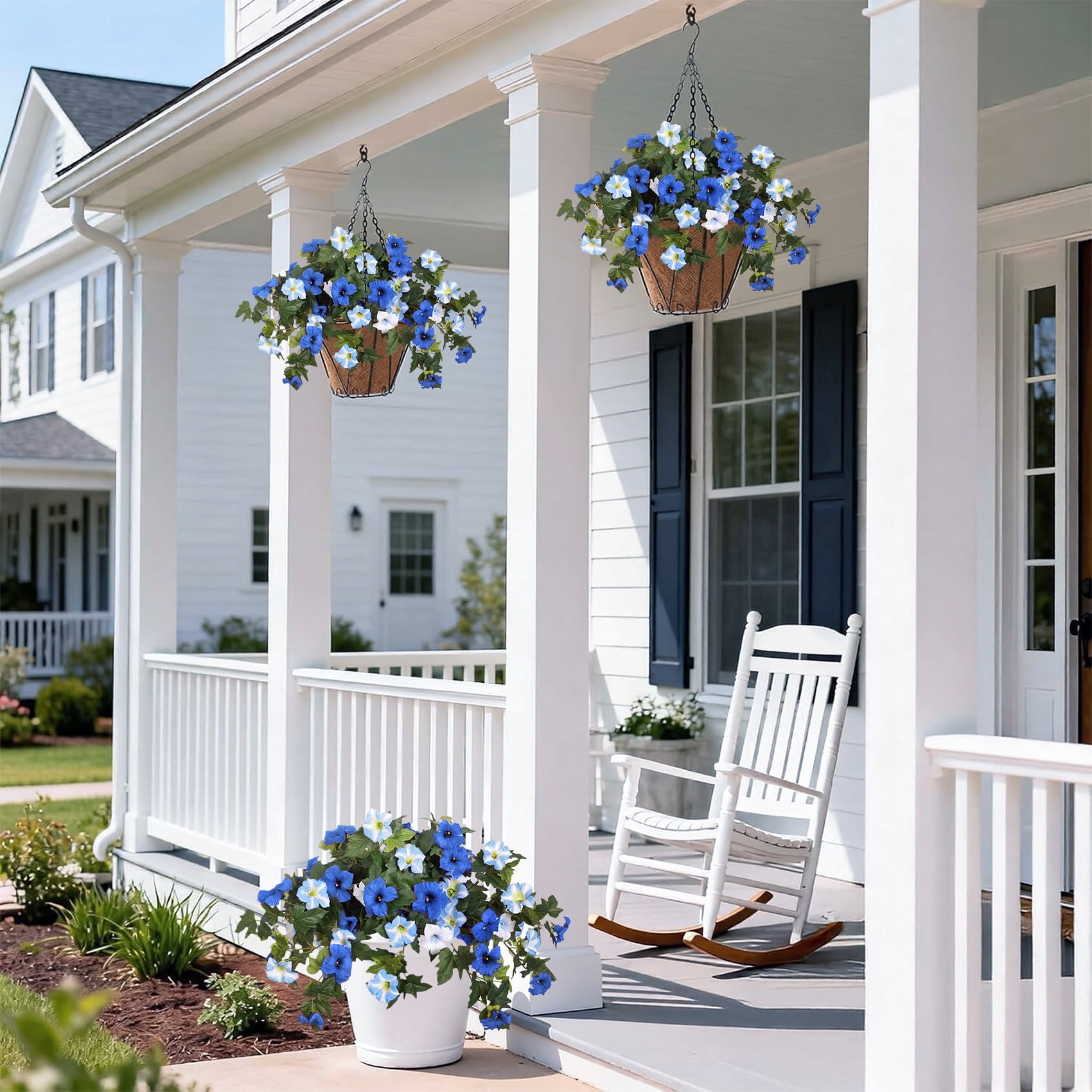Scidweet Fake Artificial Flowers for Outdoor, 2Pcs Faux Petunias Silk Flowers Plants for Home Outside Garden Balcony Yard Front Porch Indoor Decor, Blue White