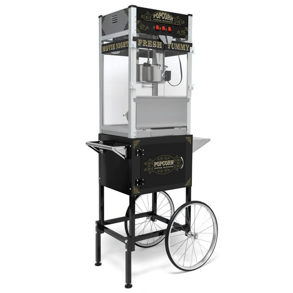 Funnil Popcorn Maker Machine with Cart and 20 Oz Stainless Steel Kettle Makes Up to 80 Cups, Vintage Movie Theater-Style Popper, Black