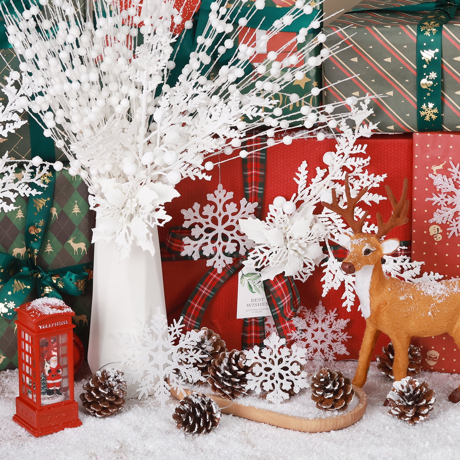 Ayieyill 84Pcs Christmas Tree Decorations Flowers, Artificial Glitter Berry Stems Christmas Pine Cones, Snowflake Icicle Drop Crystal Ornaments (White)