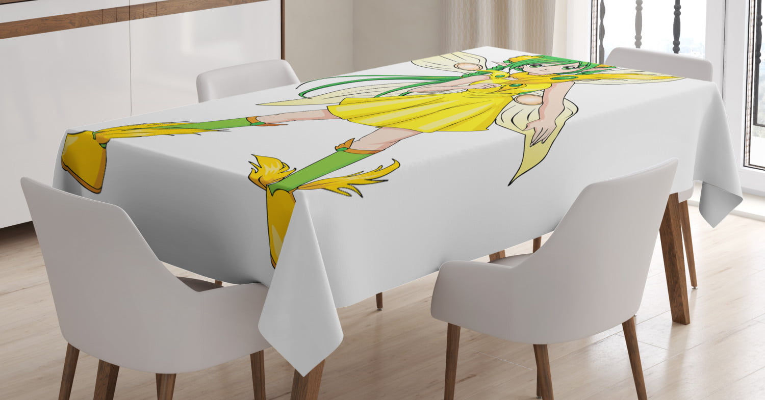 Anime Tablecloth, Fantasy Illustration of a Fairy Girl in a Yellow Dress  Japanese Manga, Rectangular Table Cover for Dining Room Kitchen, 60 X 90  Inches, Yellow Lime Green Ivory, by Ambesonne 