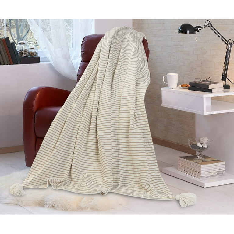 Woven Paths Striped Throw Blanket with Tassels Ivory Beige 50
