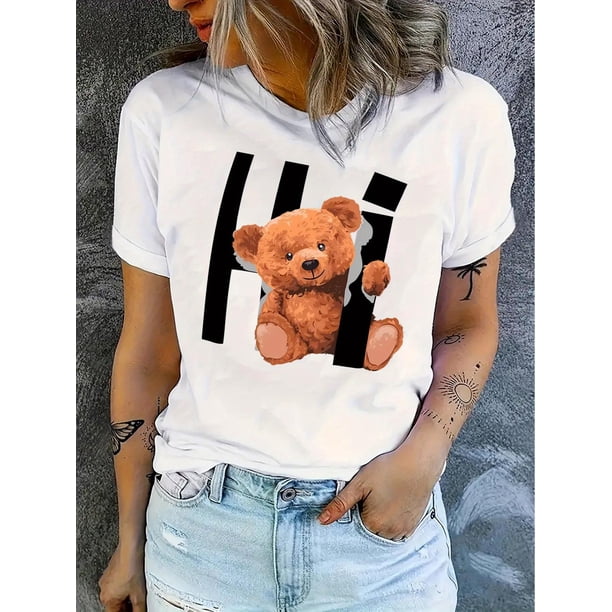 Camiseta para mamá para mujer ropa de calle clásica veranoWomen'S Casual Crew Neck Short Sleeve T-Shirt, Polyester Knit Fabric with Medium Stretch, Animal Pattern, Comfortable for All Seasons, with
