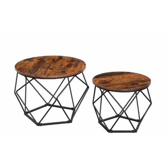 LEDREM Set of 2 Round Coffee Tables, Small Side End Tables with Steel Frame for Living Room and Bedroom, Rustic Brown and Ink Black