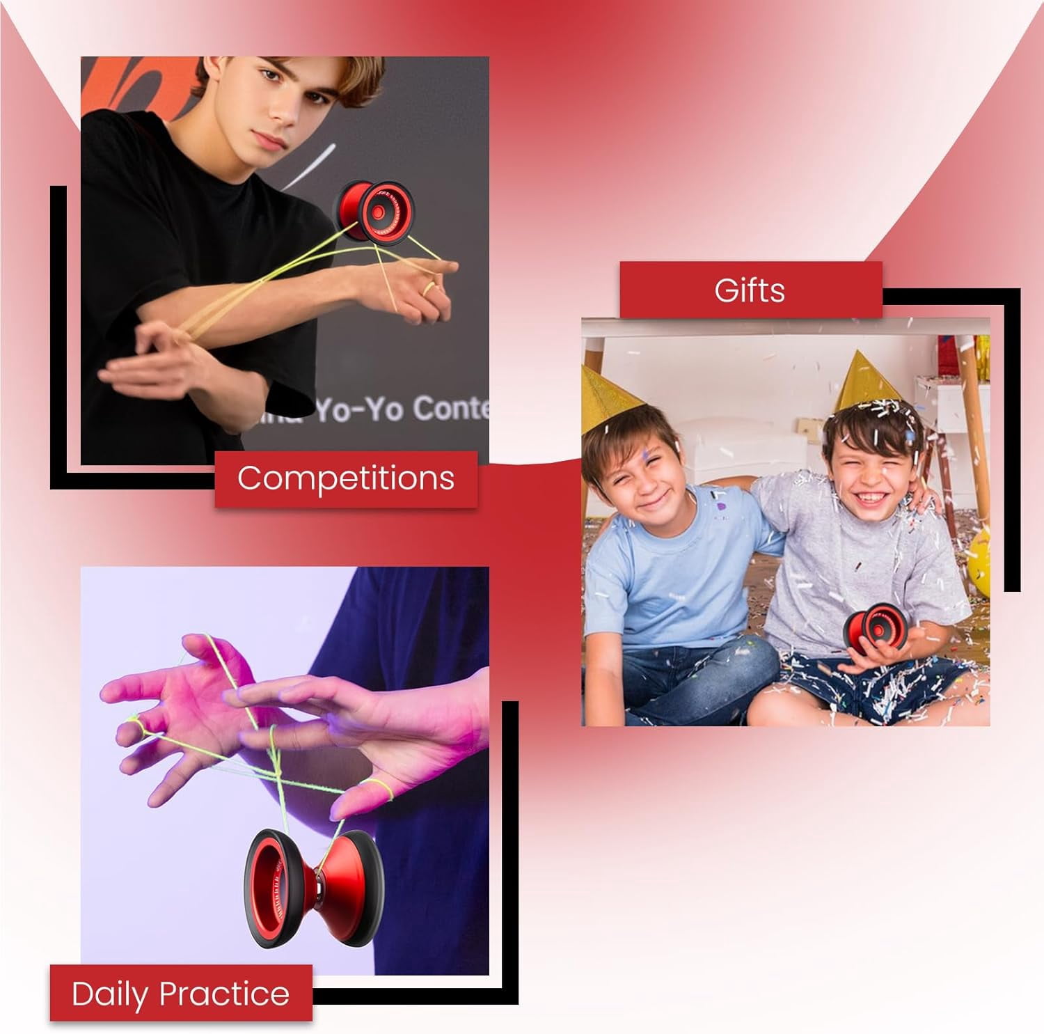 Magicyoyo V13 DEEPSPIN Bi-Material Yoyo for Kids 8-12, Dual Purpose Professional Yoyo for All Skill Levels, Trick Yo yo with 12 Yo-yo Strings, Finger Brace, Bearing Kit (Red+Black Rings)