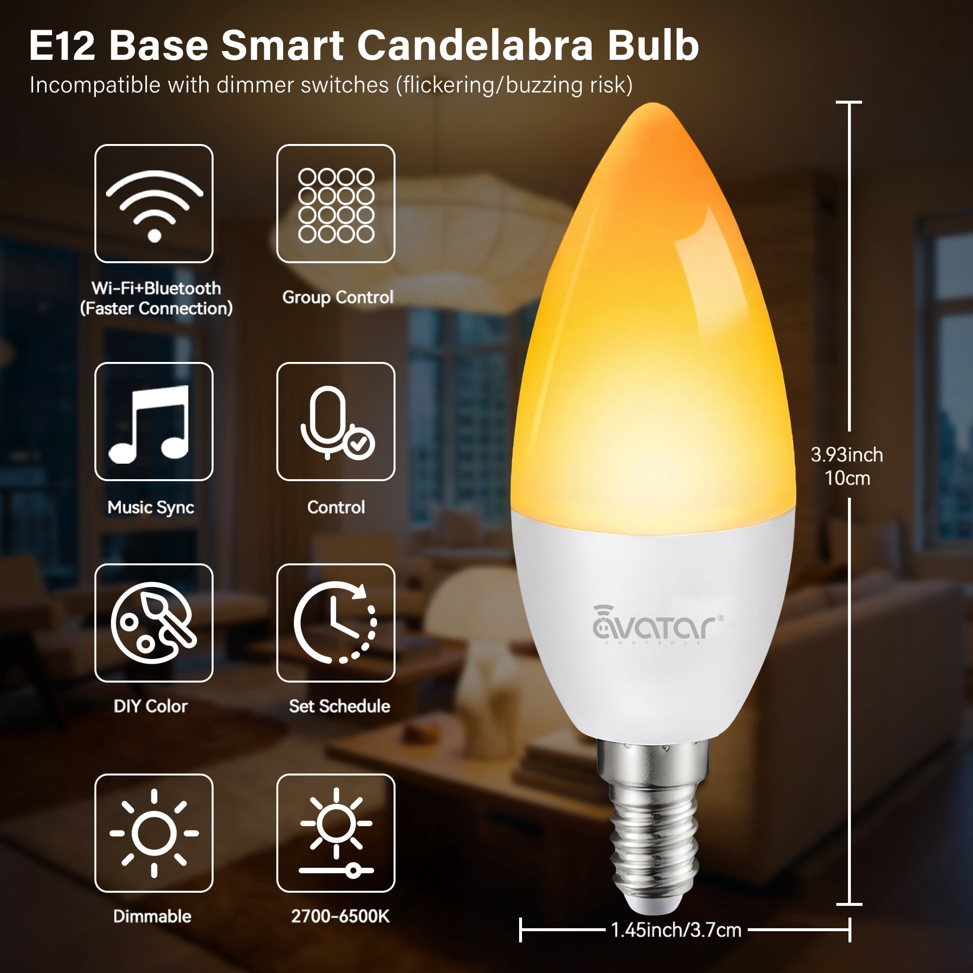 4 Pack E12 Smart WiFi LED Light Bulbs Music Sync RGB+CCT Color Changing Dimmable Candle Bulbs App & Voice Control Compatible with Alexa Google Home Timer & Group Control 2.4GHz WiFi