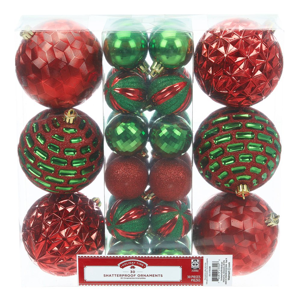 Holiday Time Shatterproof Ornaments, 30Count, Red Green
