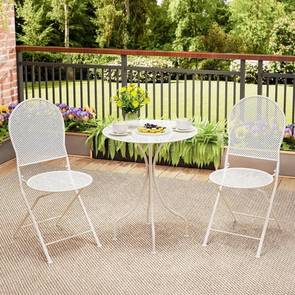 Auranook 3 PCS Metal Bistro Set Round Table & 2 Folding Chairs w/ Rattan-Like Pattern