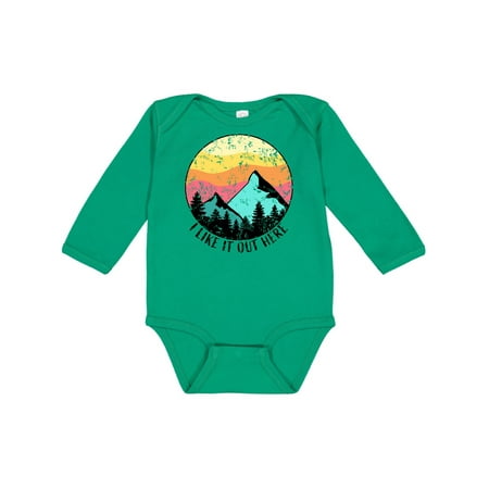 

Inktastic I Like it Out Here Mountains at Sunset Distressed Gift Baby Boy or Baby Girl Long Sleeve Bodysuit