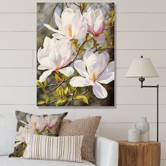 Designart "White Pink Magnolias Magnolia Calm" Floral Wall Art Living Room