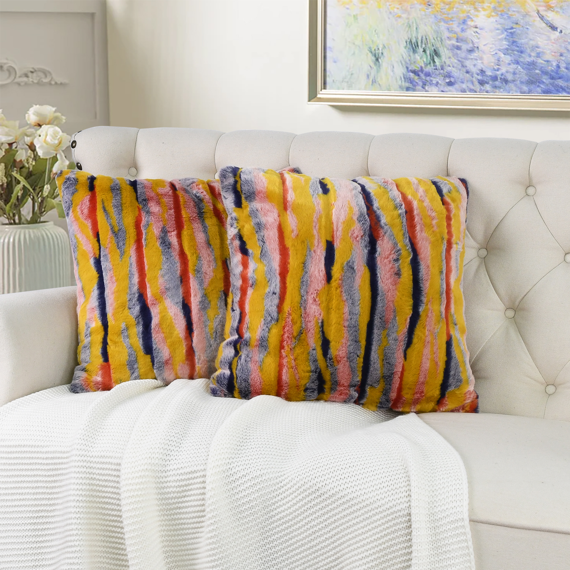 Home Soft Things Multi Jacquard Faux Fur Throw Pillow Cover 2pcs Set - Orange