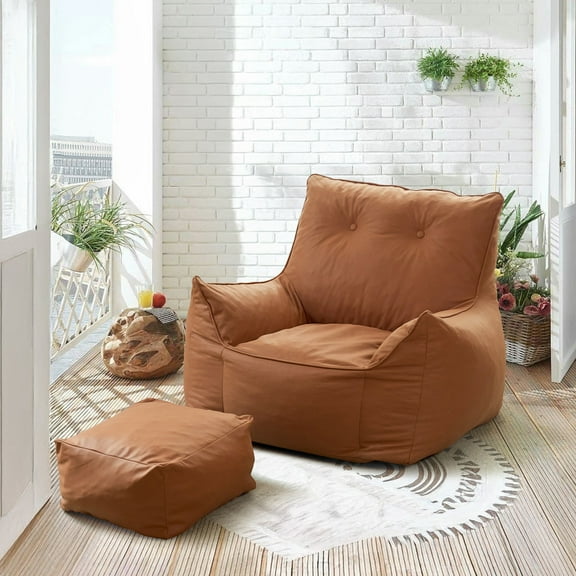 Modern Giant Bean Bag Chair with Ottoman Bean Bag Couch Sofa with Footstool Lounge Large Bean Bag Chairs for Adults Reading Chair for Bedroom Living Room ( Button Type)