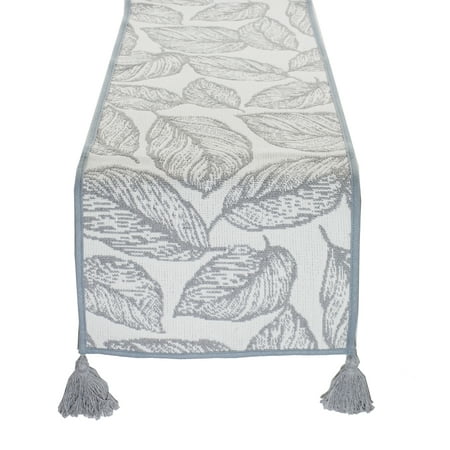 

Fennco Styles Grey and White Leaf Woven Table Runner - 14 x 71 Inch Reversible Runner Table Centerpiece for Dining Home Decor Indoor Parties Holiday Events Tassel Table Runner