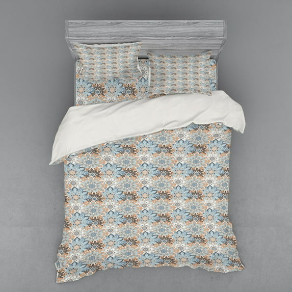 Ambesonne Mandala Bedding Set 4 Pcs, Vintage Style Flourish, Queen, Pale Orange Blue Black