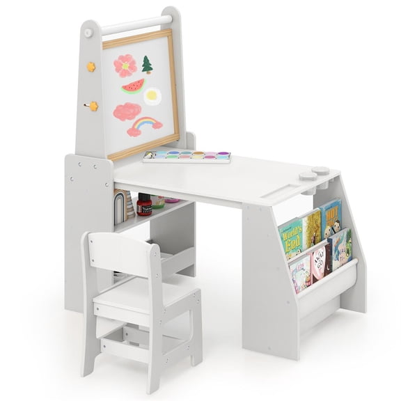 Spaco Kids Art Table & Chair Set, Double-Sided Easel, Storage Shelves, Drawing & Reading, Gray