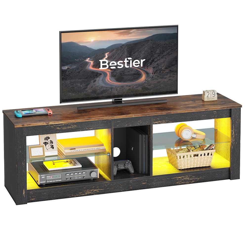 Bestier LED TV Stand for 65 inch TVs, Entertainment Center with Storage,TV Console Table for Living Room with Adjustable Shelves,Golden Black