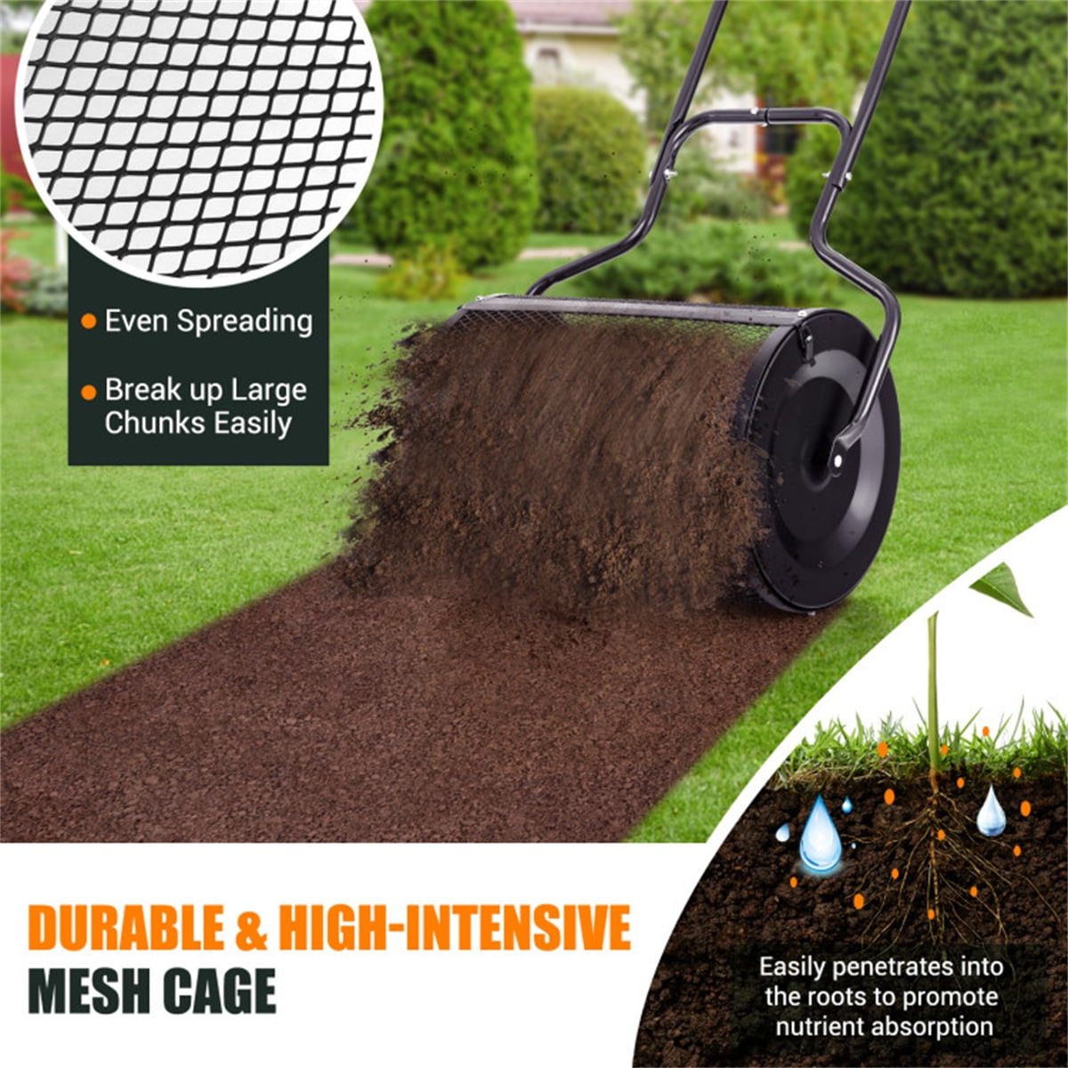 Metal Mesh Compost Spreader - 2.7 Cu. ft Large Capacity, 48.5" U-Shaped Ergonomic Handle & Even Spreading Design