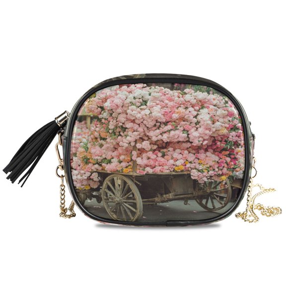 Womens Casual Chain Shoulder Bag Simple style Flower Cart with Blossoms Crossbody Bag