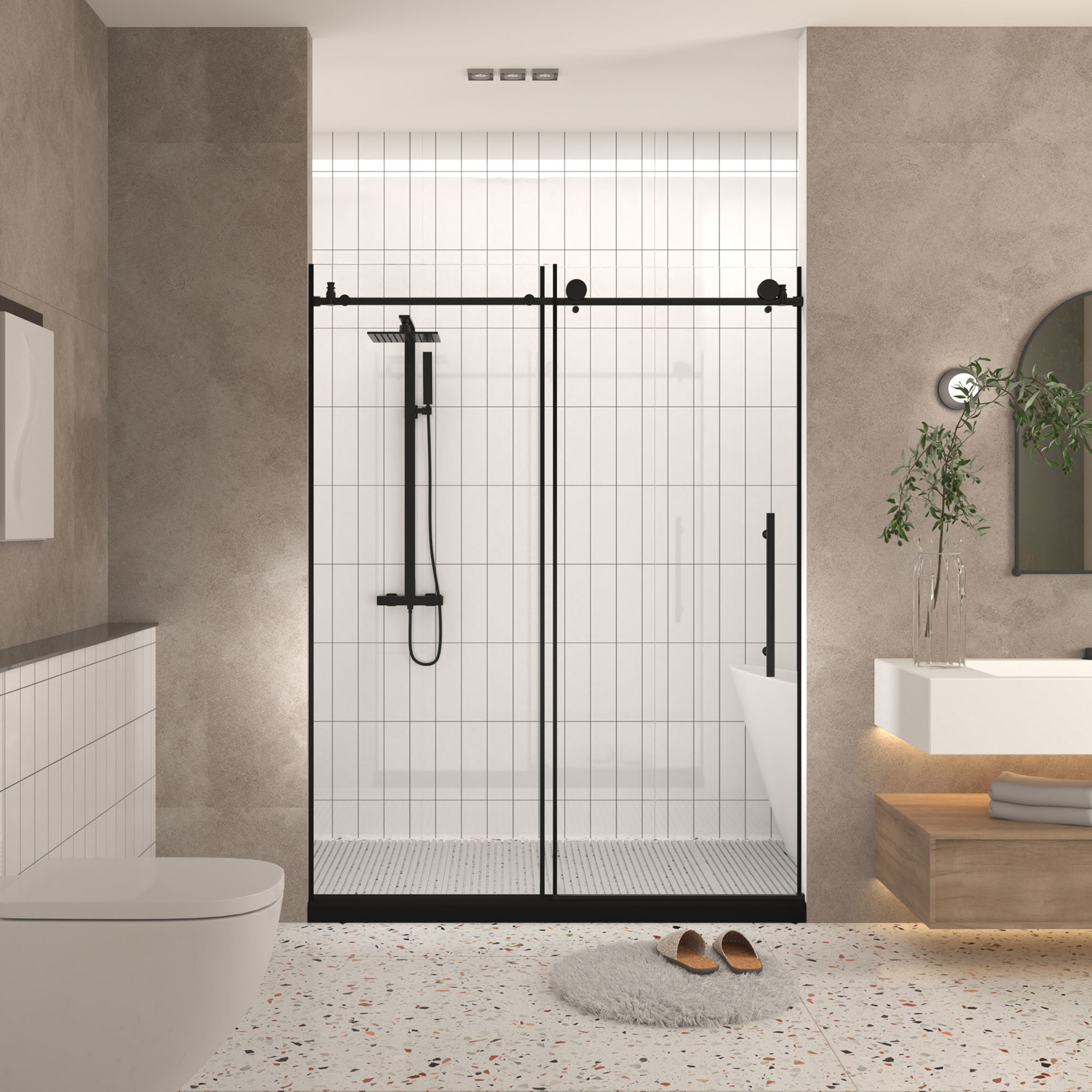 Noble House 60"x76" Frameless Sliding Shower Door, Tempered Glass with Stainless Steel Handle, Matte Black