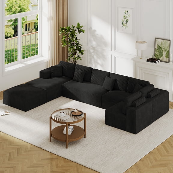 Wiilayok 177" Oversized U Shaped Sectional Couch for Living Room, Extra Large Boneless Cloud Couches with Deep Seat Chaise Ottoman, Plush Corduroy 8 Seater Modular Sectional Sofa Set, Black