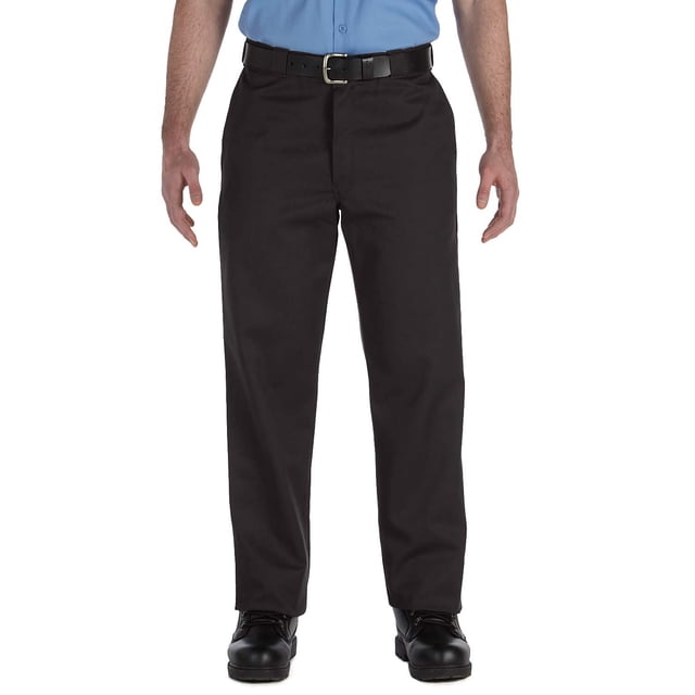 pantalón de trabajo de sarga para hombre dickies wsh black 30 30 Vista frontal centrada: pantalón Dickies color WSH BLACK talla 30x30 de corte recto con pretina y trabillas, cierre frontal y tejido de sarga liso; modelo con cinturón y zapatos de trabajo sobre fondo blanco; apto como uniforme laboral casual.