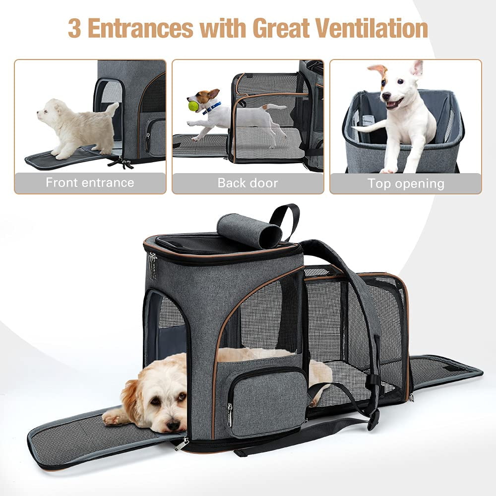 Lekesky - Expandable Pet Carrier Backpack for Medium Dogs & Large Cats (Up to 25 Lbs) - Collapsible Design, Extra Room, Breathable 360° Mesh, Travel Comfort, Safety Leash - Grey