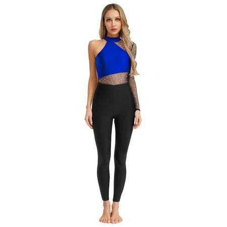TiaoBug Women Full Body Dance Unitard Single Long Sleeve Mesh Cutout Ballet Leotard Gymnastics Bodysuit Dancewear Blue XXL