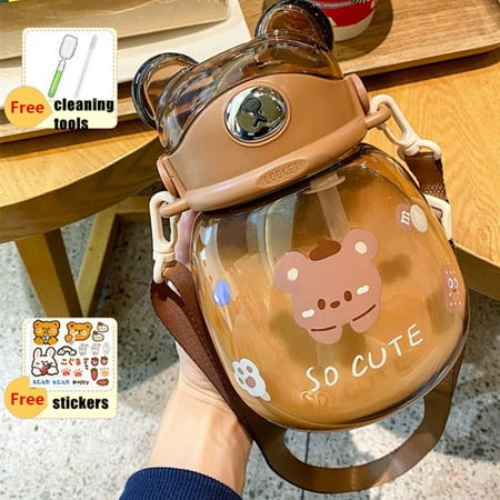 

1300ml With Cup Brush & Sticker Leakproof Portable Large Capacity Drinking Cup Water Bottle Students Kettle Straw Cup COFFEE