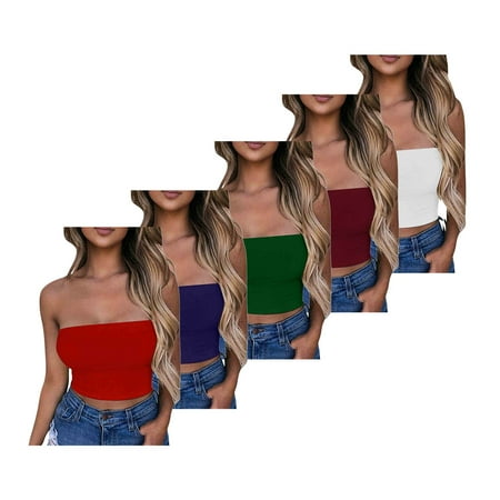 Lovskoo Womens 5 Pack Tube Tops Crop Tops Going Out Strapless Basic Backless Bandeau Bra Summer Outfits 2024 Y2K Clothes Red + Purple + Green + Burgundy + White