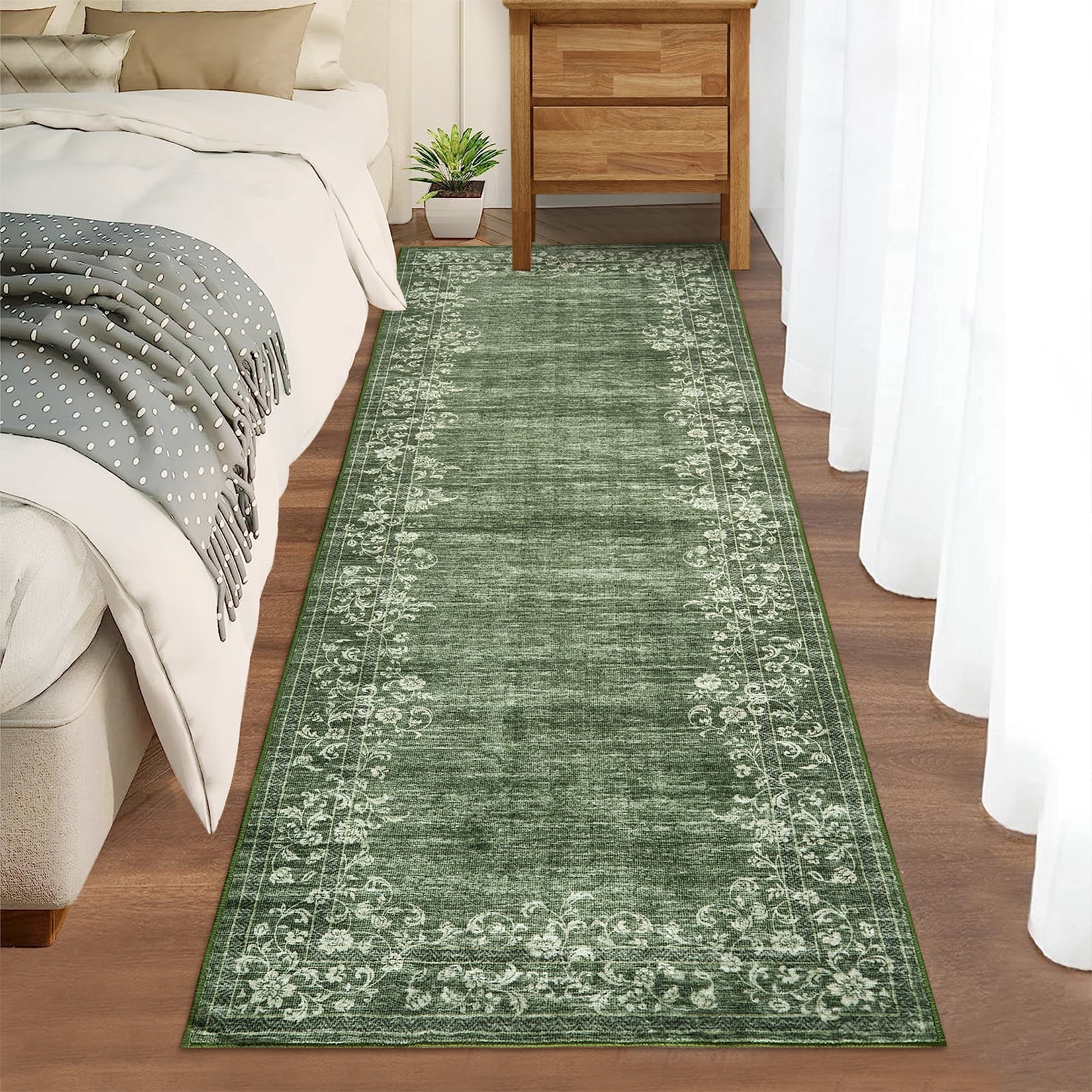 Hasoo Modern Washable Indoor Carpet 2' x 6' Green Area Rug for Living Room Geometric Border Floral Pattern Non-slip polyester Room Decor Rug