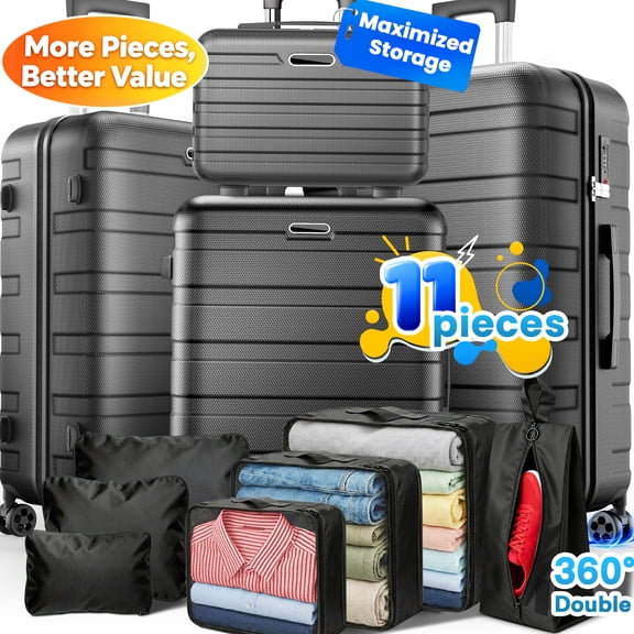 11Pcs Hardshell Luggage Set, Lightweight Suitcases w/ Spinner Wheels, Carry on Luggage, Black