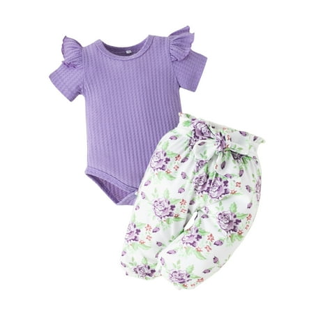 

Toddler Kids Girls Outfit Soild Short Sleeves Romper Floral Prints Pants 2pcs Set Outfits