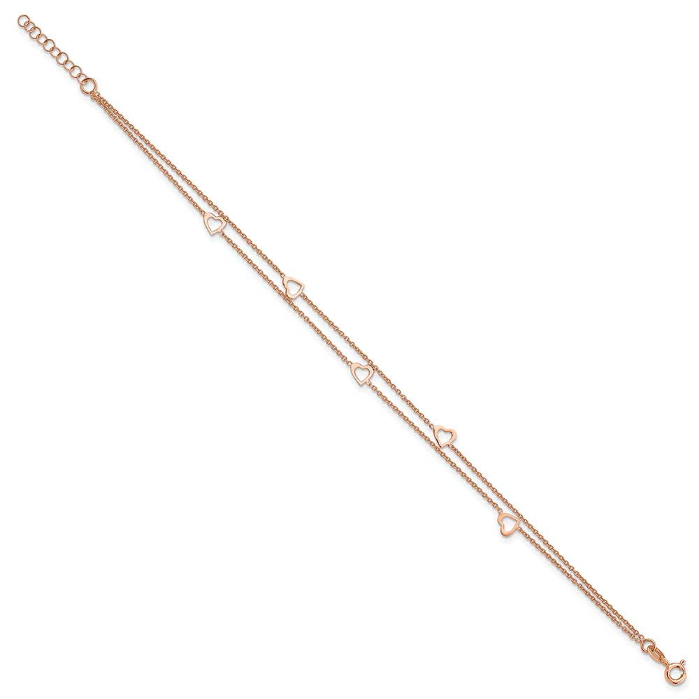 Sterling Silver Rose-tone Polished Heart 9in Plus 1in Anklet QG4186