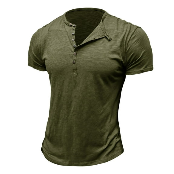 Mens Shirts Men's Fashion Casual Front Placket Short Sleeve Henley T-Shirts Ndbuld Men Short Sleeve Solid Casual Fashion Round Neck Pullover Buttons T Shirt Blouse Green M
