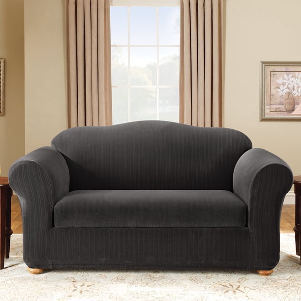 Surefit Stretch Pinstripe 2Piece Loveseat Slipcover, Black