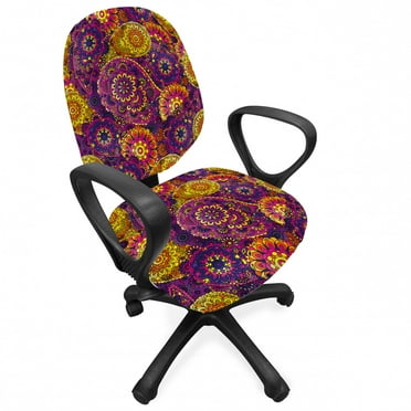 Vintage Office Chair Slipcover, Traditional Paisley Motifs Pattern Oriental Design Flower Ornaments Curvy Antique, Stretch Decorative Fabric Cover, Standard Size, Purple Yellow, by Ambesonne