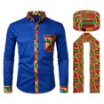 thumbnail image 3 of Conjunto de disfraz con patrón kente africano de 3 piezas con camisa abotonada, sombrero Kufi, bufanda, estola, faja, traje para fiesta del Mes de la Historia Negra, 3 of 5