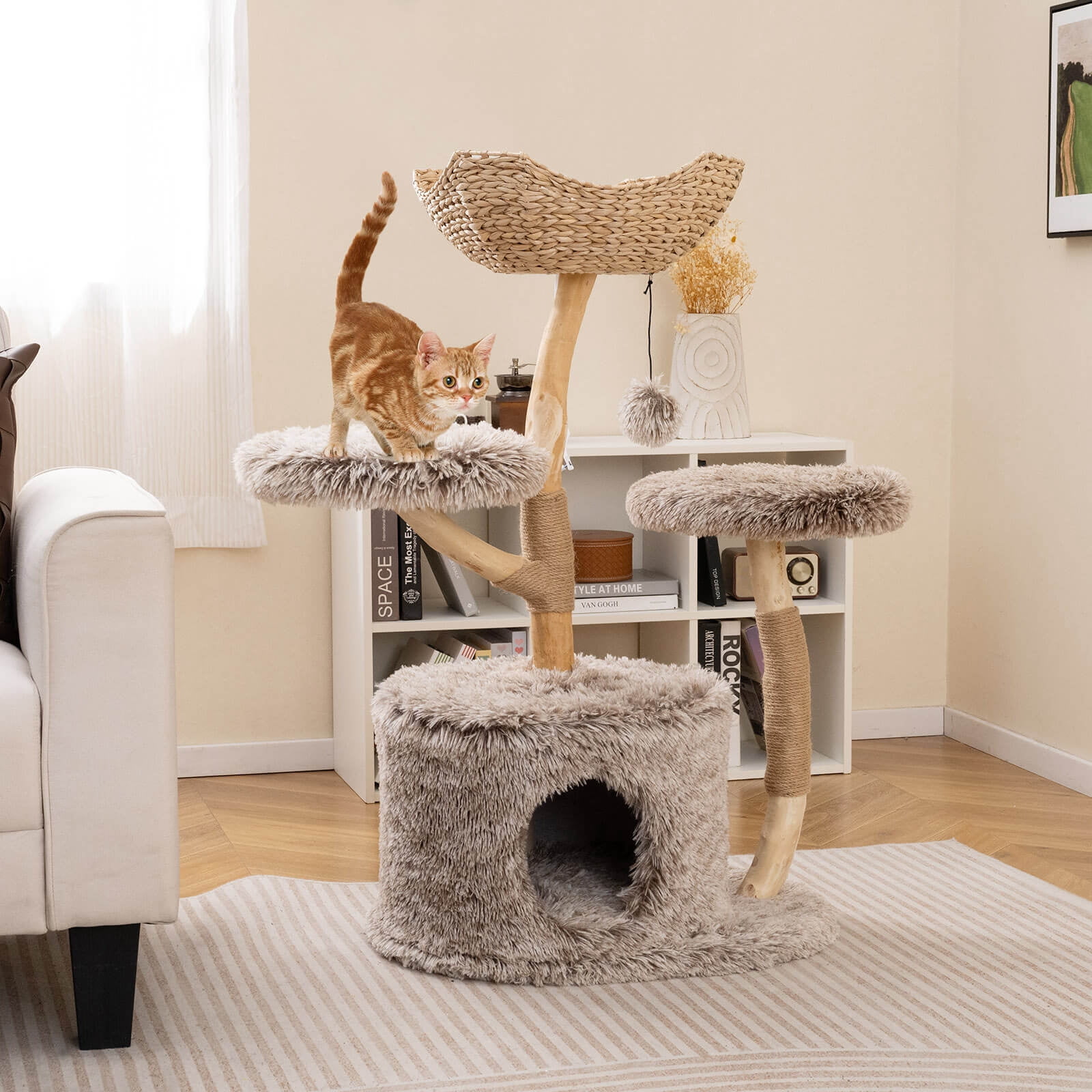 Costway Solid Wood Cat Tree with Well-woven Cattail Basket Luxury Condo Scratching Posts