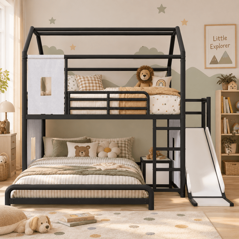 Full Over Full Metal Bunk Bed with Slide, Ladder, LED Light, Privacy Curtain and Movable Storage Cabinet, House-Shaped Kids Bunk Bed with Hanging Rod, No Box Spring Required