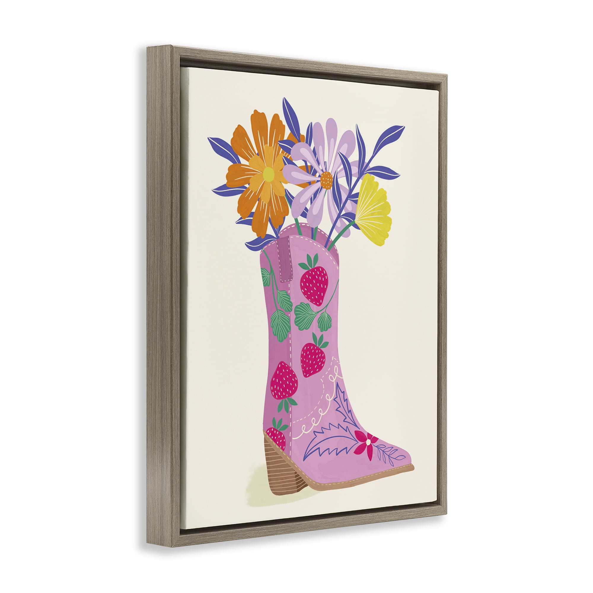 Stupell Industries Strawberry Patterned Floral Boots Plants & Flowers Painting Brown Floater Framed Canvas Art Print Wall Art, 17 x 21