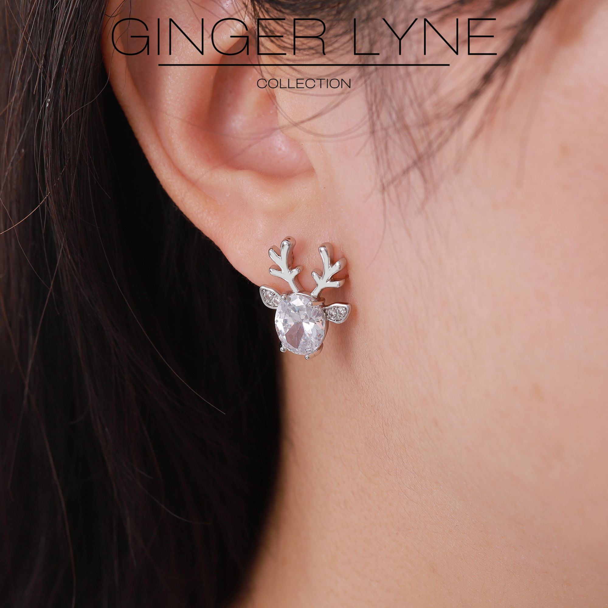 Reindeer Stud Earrings for Women White Gold Plated CZ Christmas Jewelry Ginger Lyne Collection