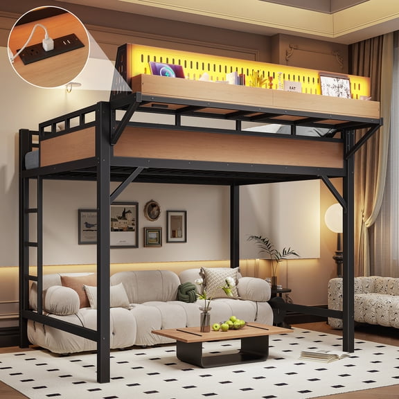 CZBZ Full Size Loft Bed Frame with Storage Shelves and Pegboard, Metal Loft Bed with USB Ports and LED Lights, Safe and Sturdy, 350LBS Capacity, Space Saving, Noise Free, Easy Assembly