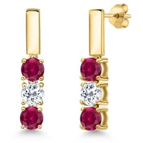 Gem Stone King 18K Yellow Gold Plated Silver Red Created Ruby and White Topaz Drop Dangle Earrings for Women | 1.80 Cttw | Gemstone July Birthstone | Round 5MM