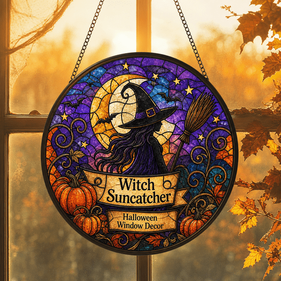 Witch Suncatcher Window Hanging Acrylic Stained Glass Halloween Decor Gift