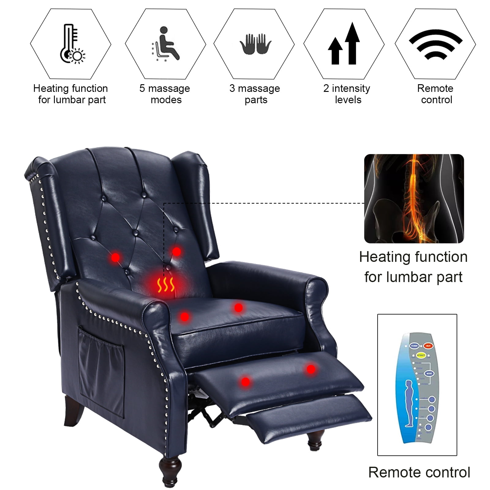 Recliner Wingback Chair - PU Leather Arm Heat Push Back Massage Remote Control Heat Backrest Blue Purple