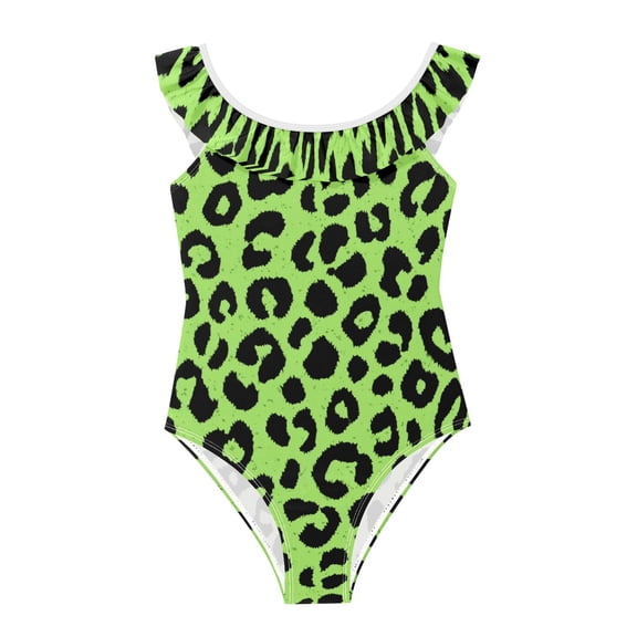 Girls Ruffled One Piece Swimsuit Summer Beach Vacation Swimwear Tank Swimsuit Neon Green Leopard Print